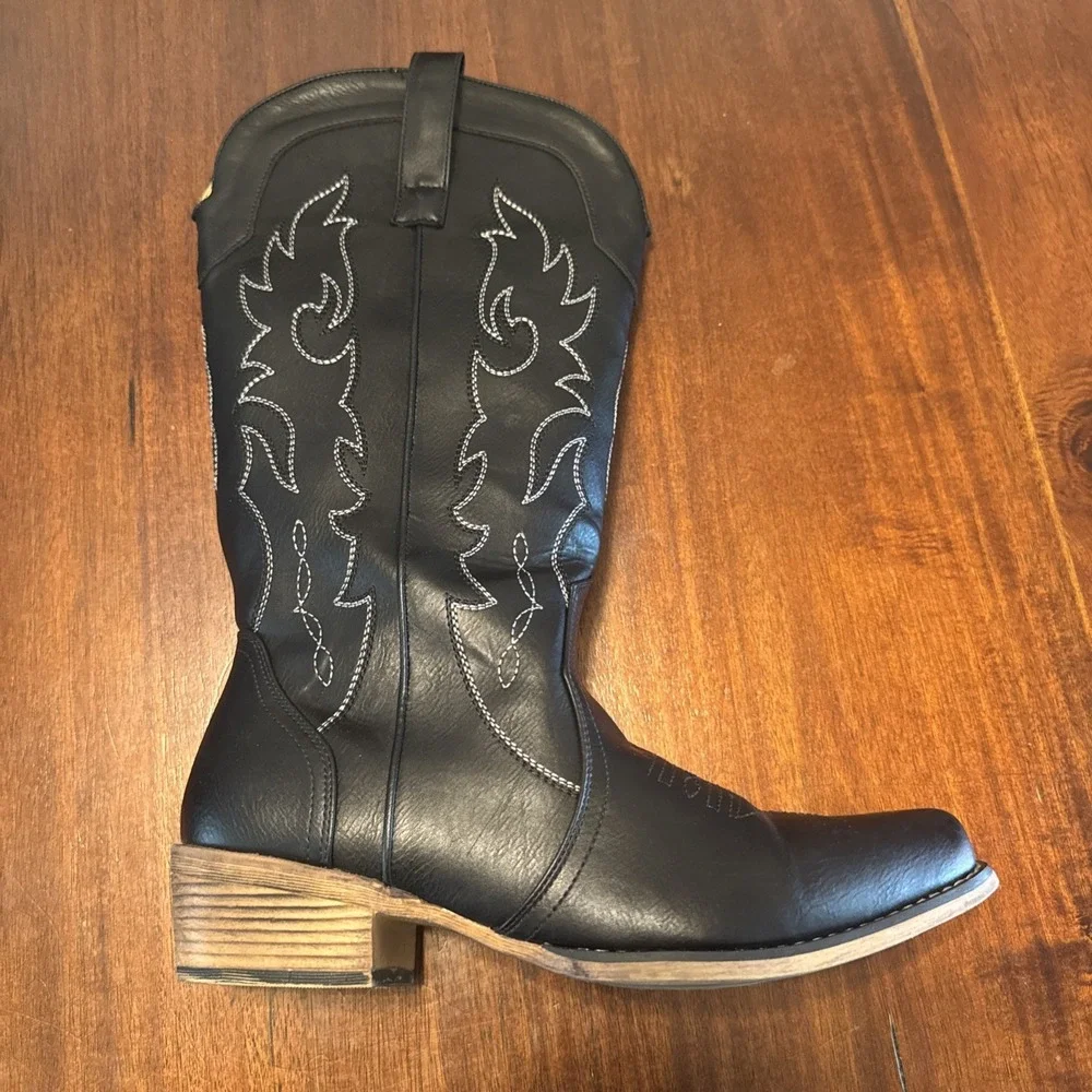 IUV CB048-BK Black‎ Western Cowboy Boots Men US 11 Embroidered Square Toe - Picture 3 of 11